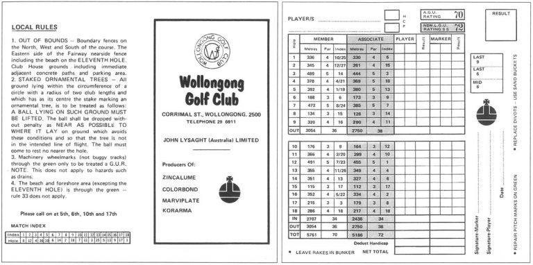 Wollongong Golf Club Local Rules and Score Card